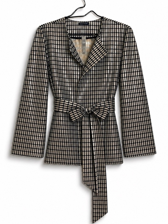 Natori Jackets & Blazers - Josie Natori | NWT Tan Black Woven Metal Belted Kimono Style Jacket M MSRP $795